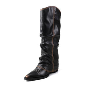 New Style European American Wind High Drum Fashion Knee-High Genuine Leather Square <b>Heel</b> Slip-On <b>Pointed</b> Female Boots - Product Image 1