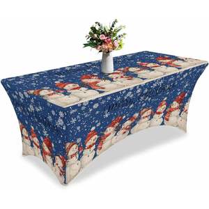 Couverture de table vintage en spandex blanc et bleu foncé 6 pieds Rectangle décorations de table de noël bonhommes de neige flocons de neige Design pour les fêtes - Product Image 1