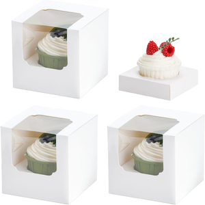 Clear Windowed <b>White</b> Disposable Rigid Cupcake <b>Boxes</b> with Handle Custom Printed Paperboard 6 Cupcake <b>Boxes</b> for Milk & Olive Oil - Product Image 1