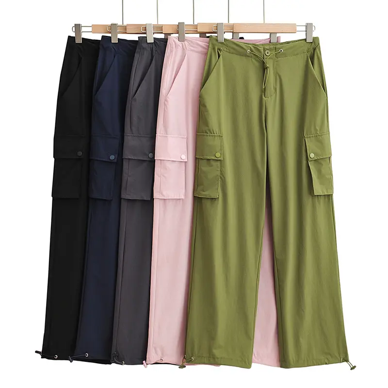 Women Loose Stylish Fashion Drawstring Waist Windproof Leisure Cargo Pants With Pockets