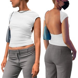 New Summer Backless <b>Top</b>, Tight Short Sleeve Crop <b>Top</b>, <b>Mock</b> <b>Neck</b> Solid Color Sexy Y2K Women's T-Shirt for European & American - Product Image 4