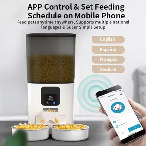 Smartphone-gesteuertes automatisches Haustier-Fütterungsgerät großes Volumen zwei Edelstahlschalen Wasser Futter ABS-Material gespeicherte Batterieleistung