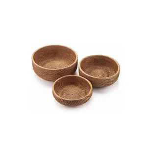 Natural Rattan Round Fruit Basket Bowls Handwoven Storage Serving Baskets Wicker Organizer For Dinning Room Set Of 3