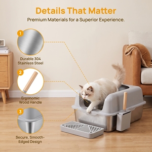 ชุดกระบะทรายแมวสแตนเลสแบบกึ่งปิด พร้อมที่ตักทรายแมวและแป้นเหยียบ - Product Image 2