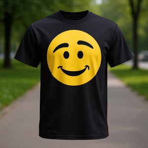 T-shirt graphique minimaliste avec visage souriant, noir, manches courtes, col rond unisexe, imprimé en sérigraphie - Product Image 3