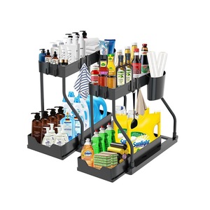 Étagère de rangement coulissante à double niveau pour cuisine et salle de bain avec porte-gobelets - Product Image 4