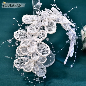 Tiara de novia de encaje hecha a mano YouLaPan con ribete floral bordado y cristales en forma de rama, elegante corona para el cabello de novia <span class=keywords><strong>HP702</strong></span> - Product Image 1