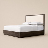 Lit double moderne en bois avec plateforme, cadre de lit, sommier et tête de lit rembourrée en tissu crème, mobilier de chambre d'hôtel