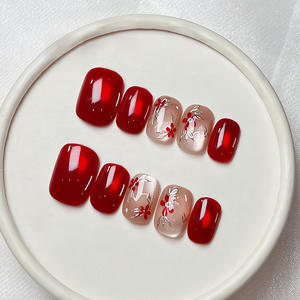 Sg1986 Faux Ongles Courts à Pression 10 Pièces Rouge <span class=keywords><strong>Rubis</strong></span> Effet Œil de Chat Pailleté Motif Fleur de Prunier Faits Main Ongles de Luxe Haute Qualité Vente en Gros - Product Image 2
