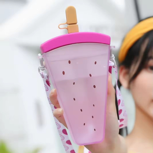Creative Eco-Friendly Cartoon Watermelon <b>Plastic</b> Straw Cup with Strap for Student Back to School Use - Product Image 4