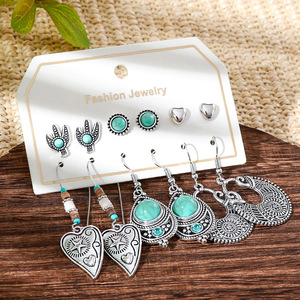 Boucles d'oreilles pendantes tendance en turquoise et alliage d'argent tibétain pour femme, style bohème, ensemble de bijoux de fête - Product Image 2