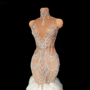 Abito da sera di lusso a sirena con strass di cristallo bianco, collo alto, in rete trasparente traspirante, lunghezza al pavimento, stampa floreale, per feste - Product Image 6