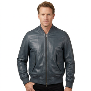 Blouson Bomber Bleu Oversize en Cuir Véritable pour Homme – Écologique, Respirant, Spandex, Fermeture Éclair Hiver, Style Streetwear – Vente en Gros - Product Image 1