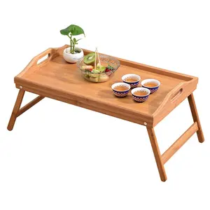 שולחן מחשב נייד מעץ במבוק טבעי מתכוונן מתקפל מגש הגשה למיטת שולחן