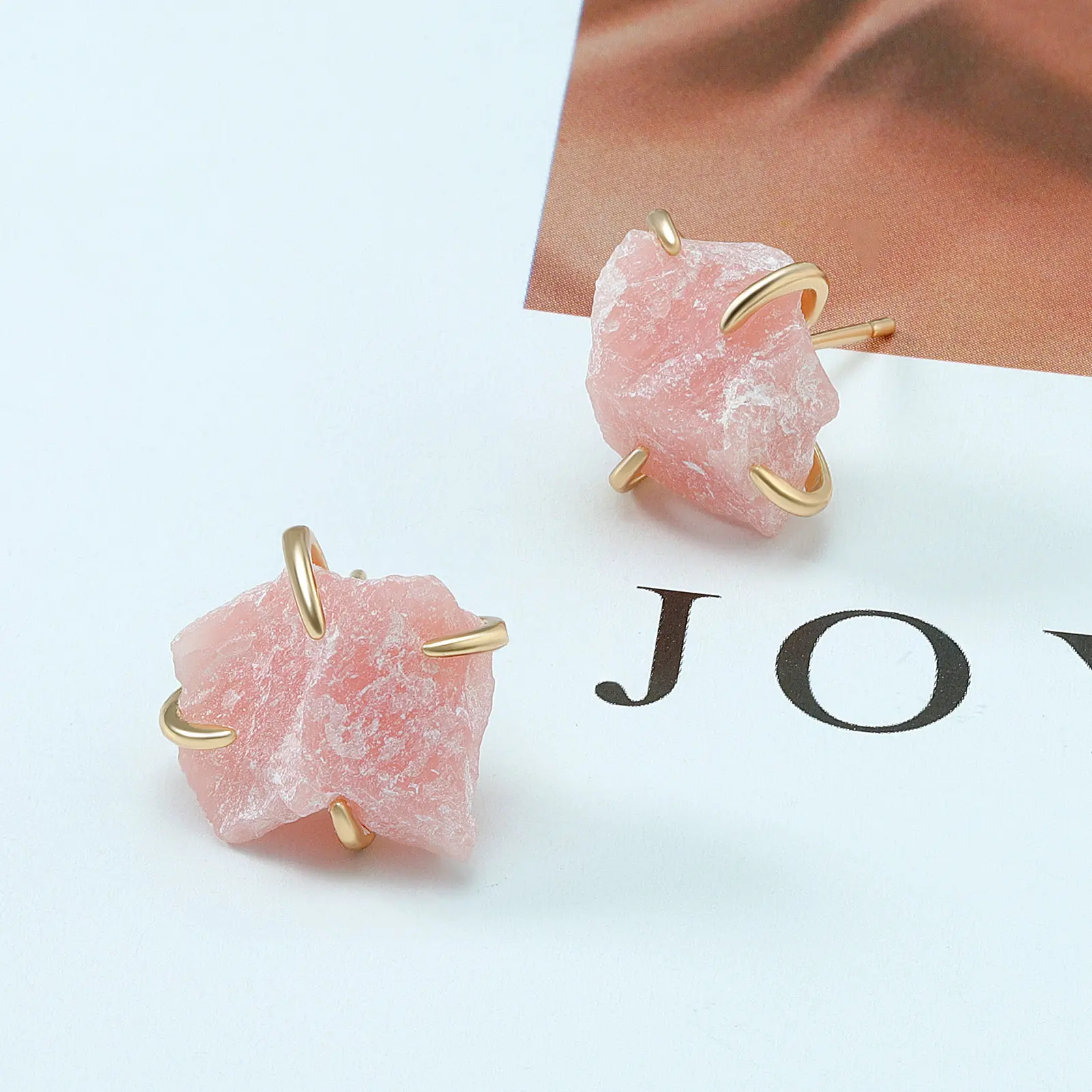 Joacii Gold Plated Natural Irregular Pink Opal Stud Earrings for Women Gold Asymmetric Powder Crystal Gemstone Dainty Ear Rings