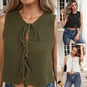 Suéter de punto con pajarita informal para mujer, chaleco Sexy con cordones, Top corto, cárdigan de Color puro, venta al por mayor, precio directo de fábrica OEM - Product Image 2