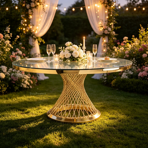 Gold Legs Round Wedding Event Banquet Stainless Steel Black Tempered Glass Dinner Dinning <b>Table</b> Set - Product Image 1