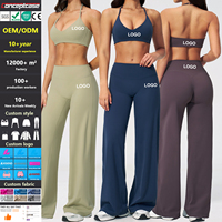Set Pakaian Olahraga Yoga Wanita Khusus, Bra Olahraga Bertali, Celana Kaki Lebar, Bahan Lembut dan Elastis, Set Dua Potong untuk Latihan di Gym