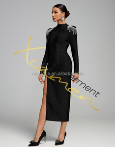 Rayon 2024 güz uzun kollu zarif kokteyl elbise Rhinestone yan yarık Backless seksi siyah bayanlar bandaj elbise - Product Image 2