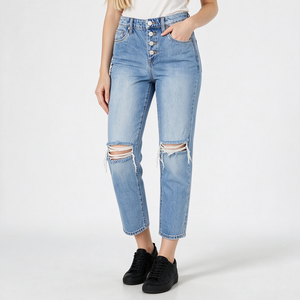Jean droit déchiré taille haute <span class=keywords><strong>pour</strong></span> femme, coupe courte, idéal <span class=keywords><strong>pour</strong></span> les sorties décontractées et les journées d'automne - Product Image 1