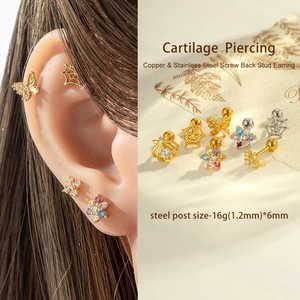 Pendientes <span class=keywords><strong>de</strong></span> cartílago Hengsen <span class=keywords><strong>de</strong></span> oro con diseño <span class=keywords><strong>de</strong></span> flor y mariposa, colgantes largos con circonitas, aretes <span class=keywords><strong>de</strong></span> bola para helix y tragus, joyería para piercing. - Product Image 3
