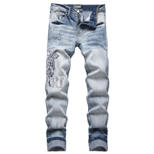 Pantalones de mezclilla azules de cintura media para hombre High Street Y2K estilo Hip Hop 3D bordado leopardo Floral Patchwork ajustado elástico chino - Product Image 2