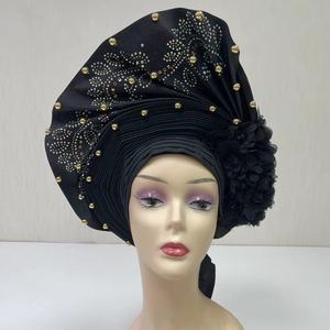 MH-1190 2024 Luxe pour femmes, <span class=keywords><strong>Aso</strong></span> Oke nigérian déjà confectionné, uni, avec strass, turban musulman africain, réglable, foulard pour femmes - Product Image 2