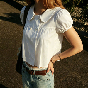 Chemisier décontracté tissé à manches courtes et col Peter Pan, couleur unie, coupe ample, boutonné sur le devant, pour femme, idéal pour l'été et les fêtes - Product Image 3