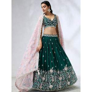 Trendmalls Classique Lehenga Choli pour femme, coupe trapèze, col en V, dos nu, imprimé floral, dupatta en satin brodé, longueur au sol, taille L264 - Product Image 1