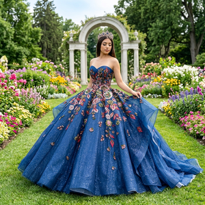 ชุดเดรสชีฟองปักลายดอกไม้สีน้ำเงินคิงบลู รุ่น Dy1570 สำหรับงาน Quinceanera แต่งระบายเปปลัม สไตล์หวานฉ่ำสำหรับงานฉลองอายุ 16 ปี - Product Image 1