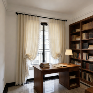 Rideaux longs beiges avec accents en dentelle, élégantes draperies à cordon, rideaux de <span class=keywords><strong>porte</strong></span> respirants <span class=keywords><strong>pour</strong></span> salon et balcon - Product Image 5