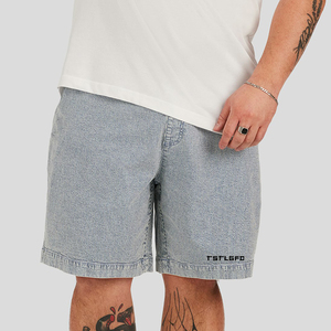 Pantalones cortos de mezclilla a rayas azules para hombre, talla grande, con cordón, cintura elástica, ajuste holgado informal, pantalones cortos de mezclilla de verano para uso diario y vacaciones - Product Image 4