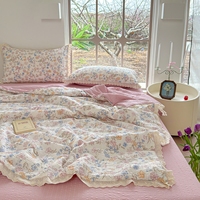 Parure de lit quatre pièces en fil bouclé pour l'été, en fibre de polyester, dentelle creuse, fil froissé à bulles, 600TC, style princesse, pour usage domestique