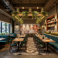 Ensemble de meubles modernes industriels pour café, restaurant, hôtel : table en bois avec pieds métalliques, base en bois, banquette en cuir vert foncé et chaise.