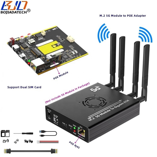 RM520N-GL M.2 5G Module to POE RJ45 Wired Network Lan Adapter With 2 SIM Card Holder 4 Antennas Protection Case & Fan in Stock