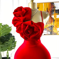 Robe de soirée élégante ZHEZHE 2026 pour femme, sexy, sans manches, à grandes fleurs, dos nu, rouge, pour club et fête