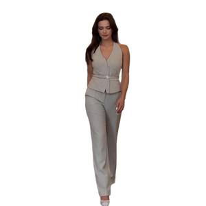 Costume pour femme Dos nu Col en V Deux boutons Gilet <span class=keywords><strong>Pantalon</strong></span> taille haute Costume de bureau pour femme Deux pièces avec ceintures - Product Image 1