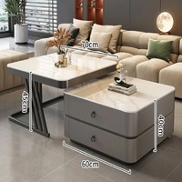 Ensemble de tables basses gigognes modernes extensibles avec plateau en marbre et pieds en métal doré, tiroirs de rangement, table centrale pour salon