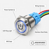 Bouton-poussoir LED 12mm 16mm 19mm 5A 12V à visser avec anneau lumineux, momentané, en acier inoxydable