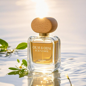 Botella de Perfume Cuadrada Plana Vacía, Transparente, de 50 ml y 100 ml, Botella de Vidrio para Perfume de Lujo con Tapa de Madera Ovalada - Product Image 1