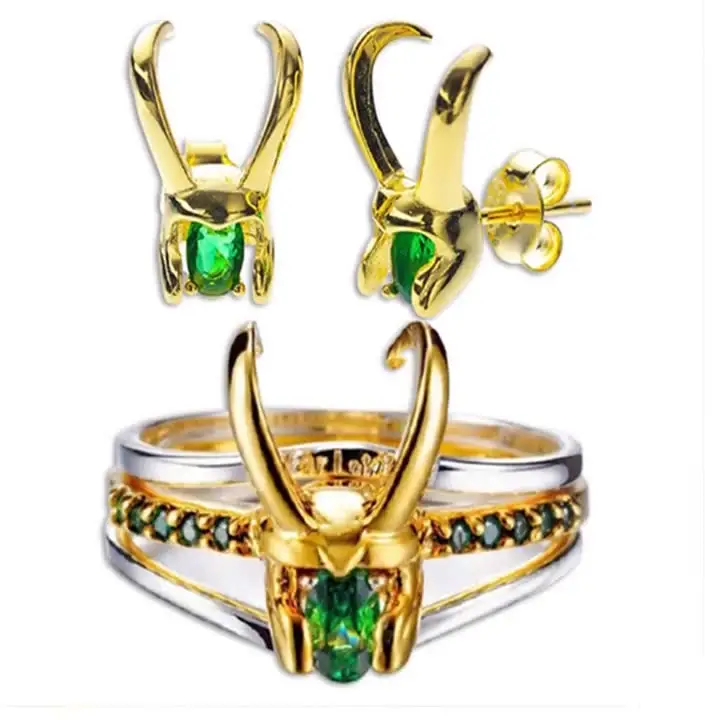 Loki Helm Cosplay Halloween Pria Wanita, Cincin 3 Buah Helm Superhero Marvel, Set Cincin Kristal Hijau, Kostum Cosplay Halloween, Hadiah Perhiasan untuk Pria dan Wanita