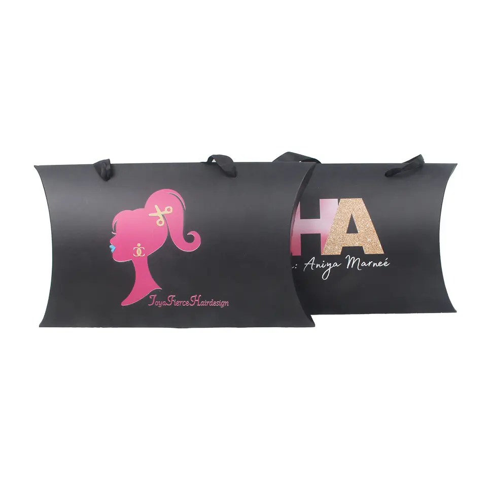 ヘアエクステンションディスプレイ用のカスタムロゴ印刷黒髪包装枕ケースかつらボックス