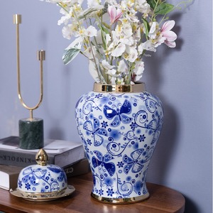 Urna Moderna de Cerámica Azul y Blanca Chapada en Oro de Lujo, Florero Decorativo para Piso, Adorno para Sala de Estar, Estilo Art <span class=keywords><strong>Deco</strong></span>, Hecho a Mano - Product Image 4