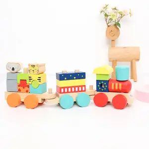 टीएस रंगीन प्रीस्कूल इंद्रधनुष बच्चों के ट्रेन खिलौने शैक्षिक लकड़ी के ब्लॉक ट्रेन बिल्डिंग ब्लॉक