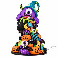 Monstre gonflable violet à un œil avec chapeau de sorcière pour Halloween, monstre empilable avec citrouilles et chauves-souris pour la décoration de jardin extérieur et de fête