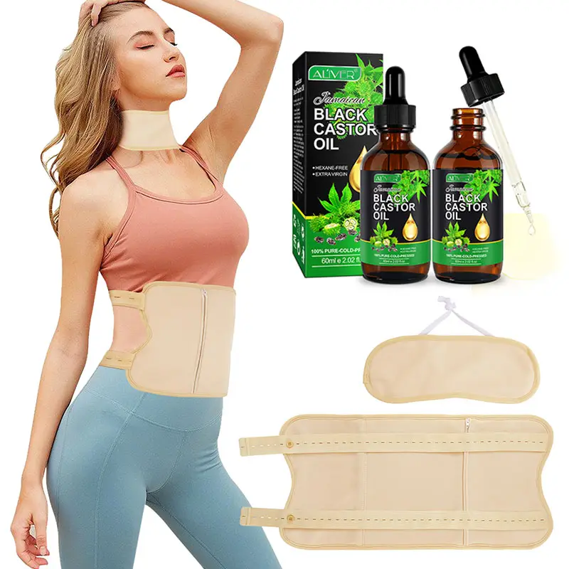 Gran oferta, paquete de 3 paquetes de aceite de ricino negro orgánico, Kit de envoltura para desintoxicación del hígado con correa reutilizable ajustable para la cintura y el cuello