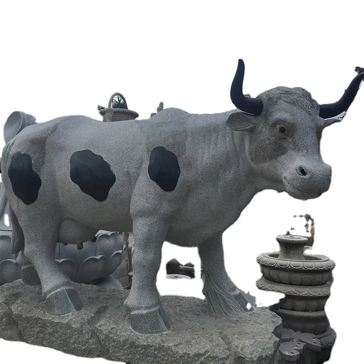 Doğal granit hayvan oyma heykel taş inek heykeli heykel bahçe dekorasyon için dış dekorasyon