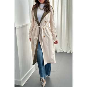 Manteau Trench Long Vintage Beige Kaki pour Femme, Imperméable, avec Ceinture à Rayures au Dos et Décoration Imprimée en Coton – Vente en Gros - Product Image 2