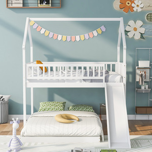 เตียงสองชั้นไม้พร้อมสไลเดอร์และบันไดสำหรับห้องนอนเด็ก สีขาว - Product Image 2