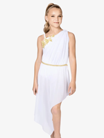 Robe de danse blanche pour filles avec accent floral doré à la taille, asymétrique à une épaule, costume de scène